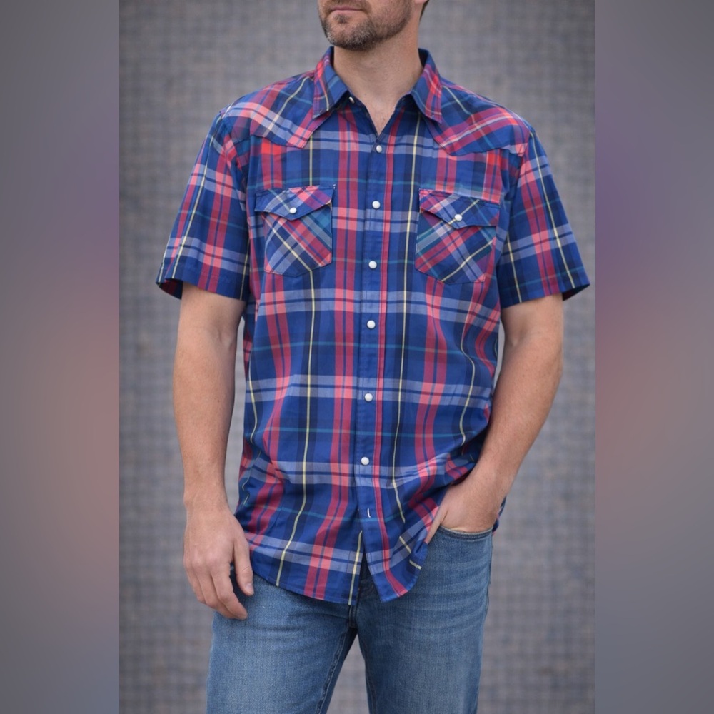 Saddle King Western MENS Plaid Button Front Short Sleeve Shirt Blue Size XXL